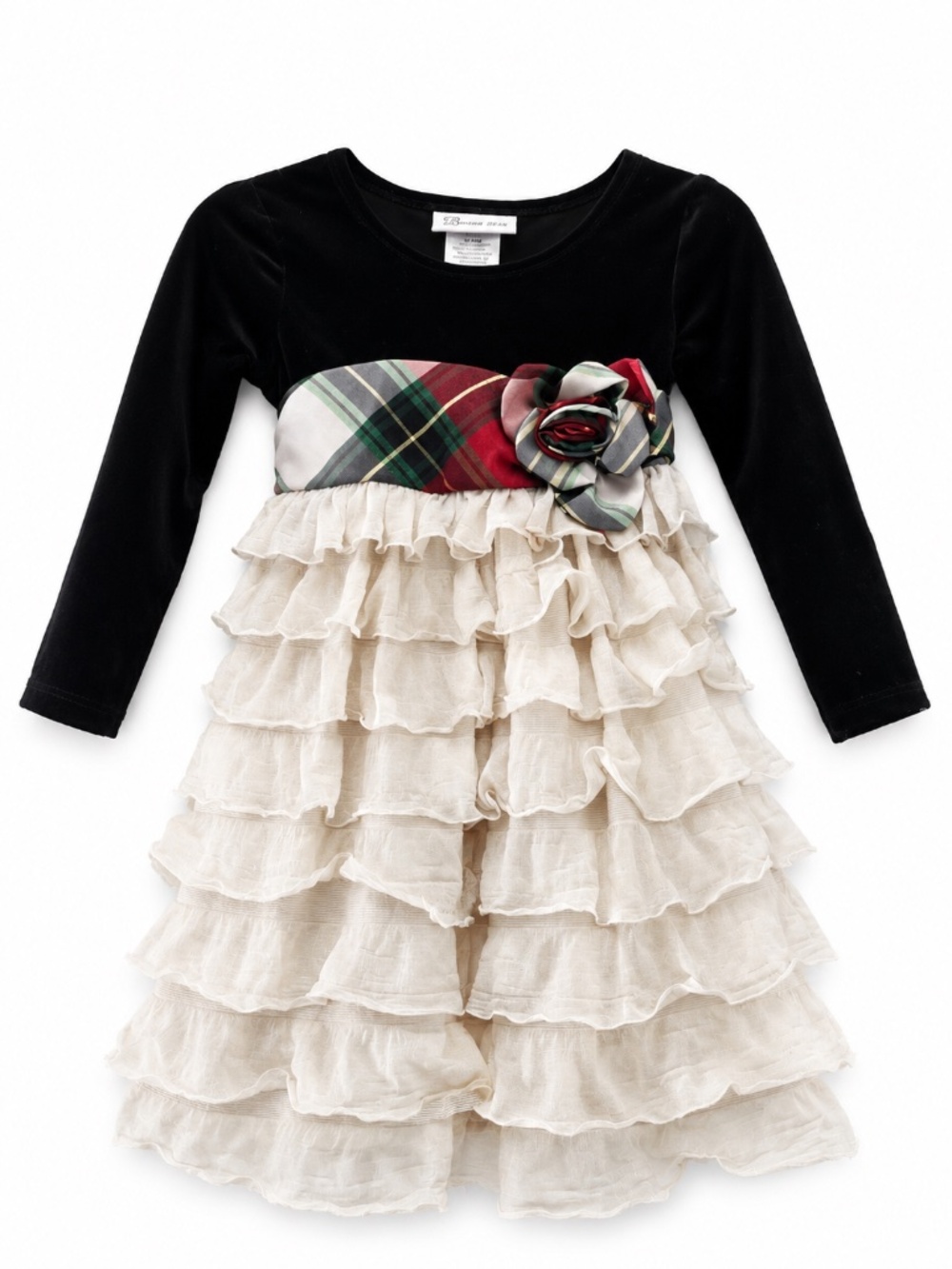 Bonnie Jean Holiday Ruffle Dress Plaid Bow Black Velvet 3T